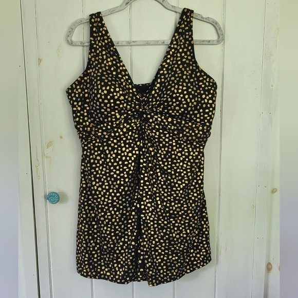 Gold Foil Dot Twist Front Pull-on Swim Dress - Picture 1 of 9